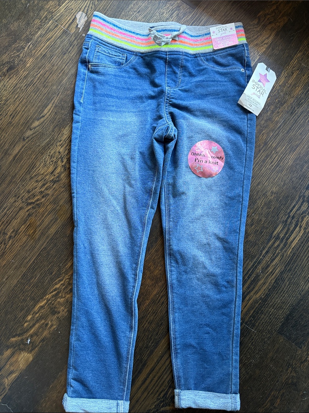 Imperial Star Blue Knit Soft Jeggings with Rainbow Waistband